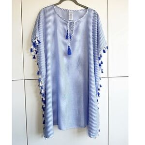 Time and Tru Swim Coverup Kimono Blue White Stripe Tassels Swim Resortwear Large